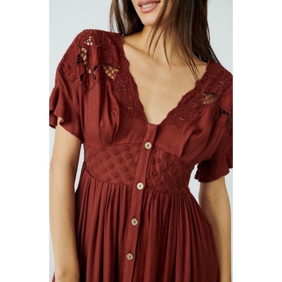 Free People Collette Maxi Dress M Rust Lace Boho Button Front Romantic Cottage - Picture 2 of 11